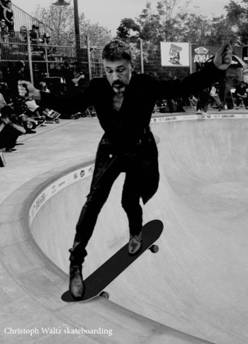 Christophe Waltz on a skateboard
